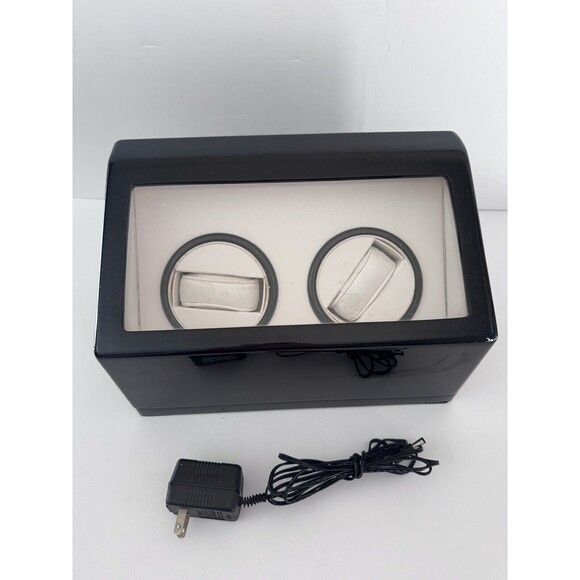Double Automatic 2 Watch Winder Rotating Display Box Black Case & Cord WORKS - Picture 1 of 14